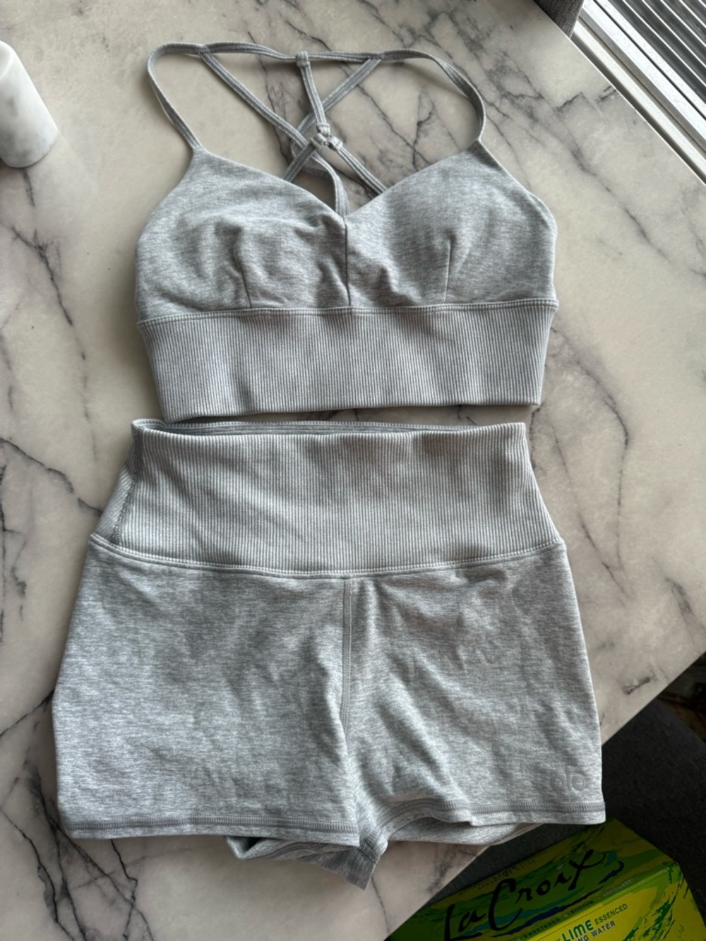 ALO Yoga set Light Gray Seamless Sports Bra and shorts